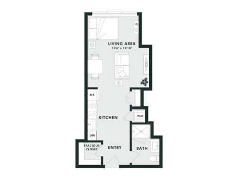 A floor plan of a house with a living area, kitchen, bathroom, and a spacious closet.